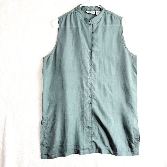Bogari Tops - Bogari 100% Silk Tunic Button Front Satin Blouse Top Womens L Green Sage